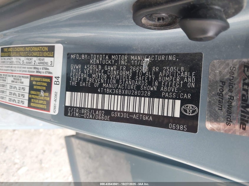 2008 Toyota Avalon Xls VIN: 4T1BK36BX8U280328 Lot: 43543561