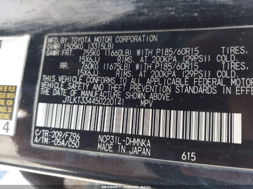 2005 Scion Xb VIN: JTLKT334450220141 Lot: 43543573