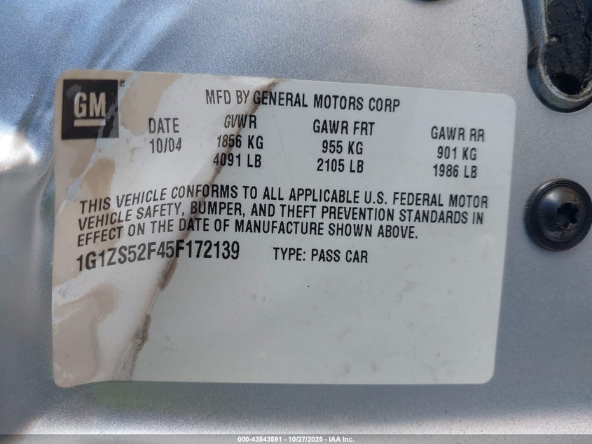 2005 Chevrolet Malibu VIN: 1G1ZS52F45F172139 Lot: 43543591