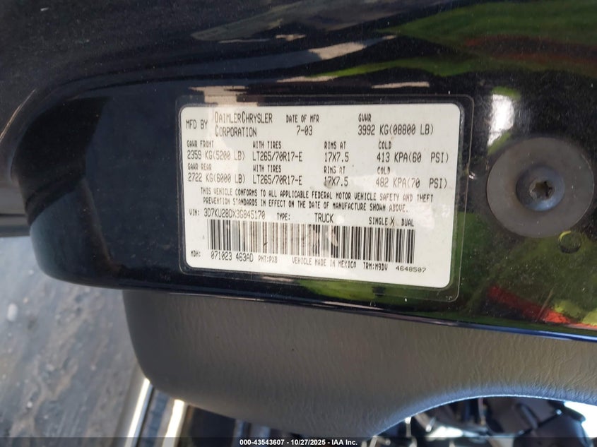 2003 Dodge Ram 2500 Slt/Laramie/St VIN: 3D7KU28DX3G845170 Lot: 43543607