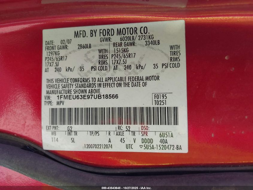 2007 Ford Explorer Xlt VIN: 1FMEU63E97UB18566 Lot: 43543648
