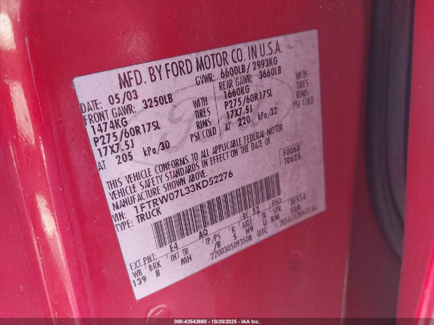 2003 Ford F-150 Lariat/Xlt VIN: 1FTRW07L33KD52276 Lot: 43543660