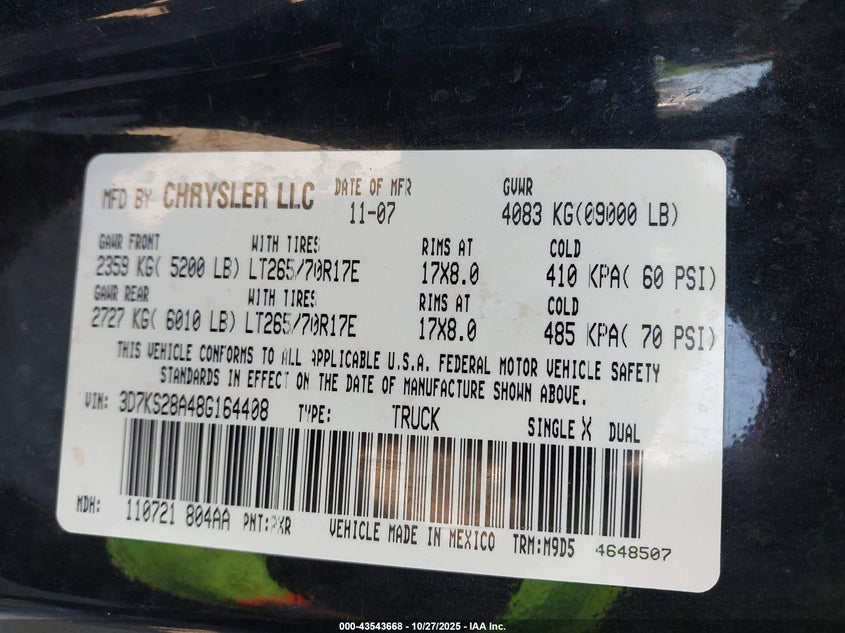2008 Dodge Ram 2500 Slt/Power Wagon VIN: 3D7KS28A48G164408 Lot: 43543668