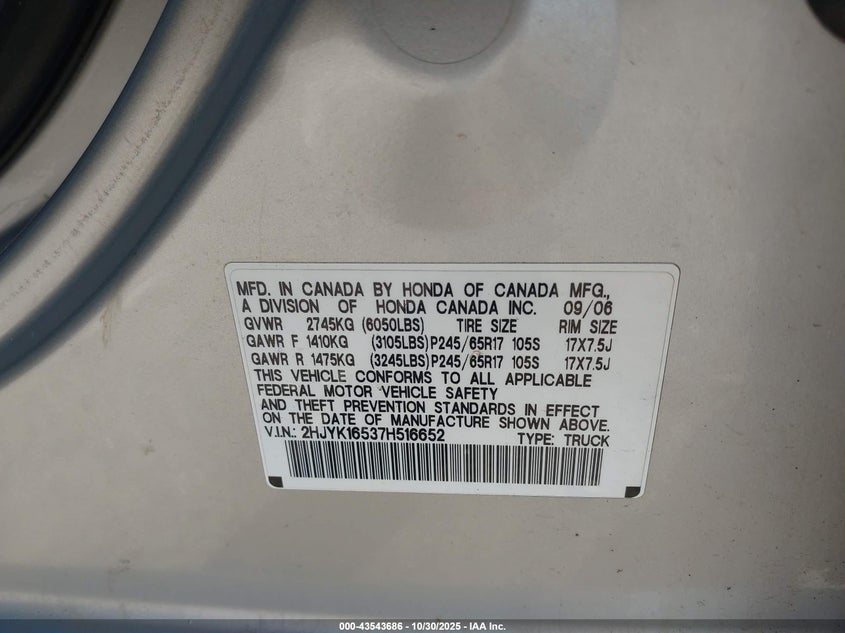 2007 Honda Ridgeline Rtl VIN: 2HJYK16537H516652 Lot: 43543686