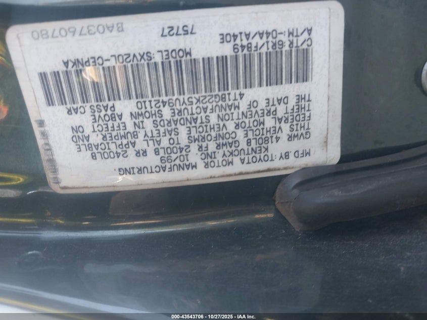 2000 Toyota Camry Le VIN: 4T1BG22K5YU942110 Lot: 43543706