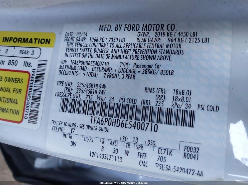 2014 Ford Fusion Se VIN: 1FA6P0HD6E5400710 Lot: 43543719