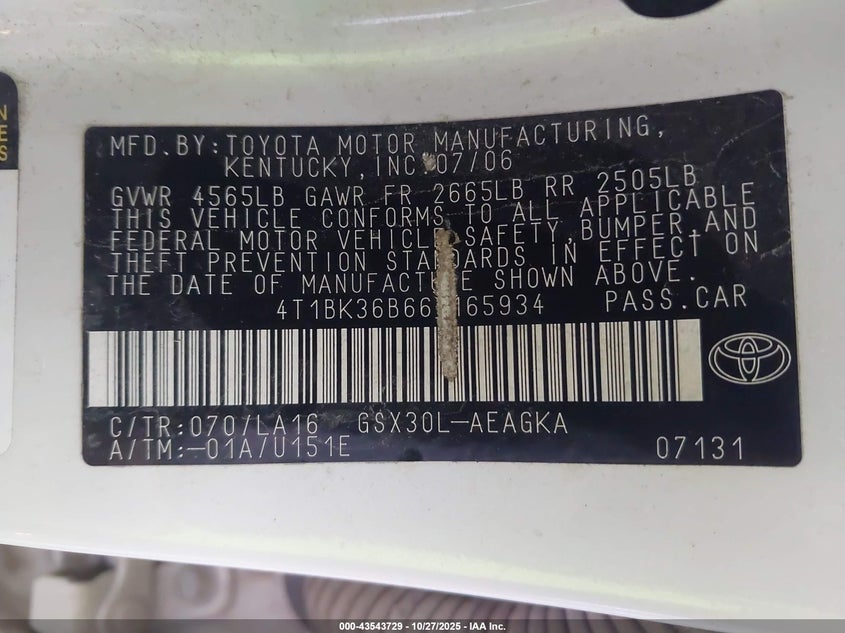 2006 Toyota Avalon Xls VIN: 4T1BK36B66U165934 Lot: 43543729