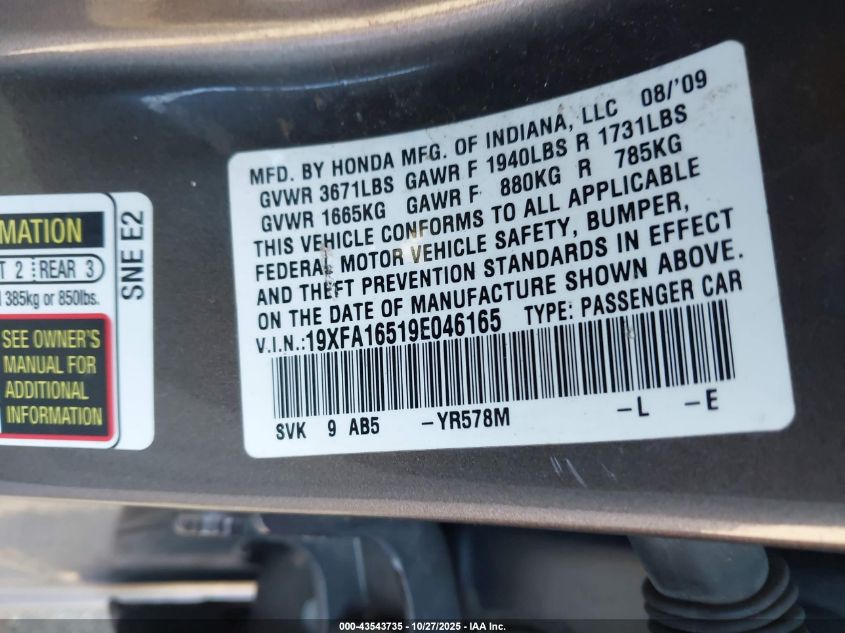 2009 Honda Civic Lx VIN: 19XFA16519E046165 Lot: 43543735