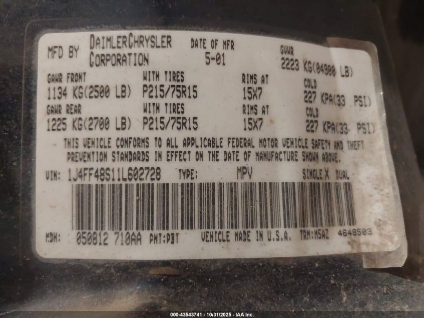 2001 Jeep Cherokee Sport VIN: 1J4FF48S11L602728 Lot: 43543741