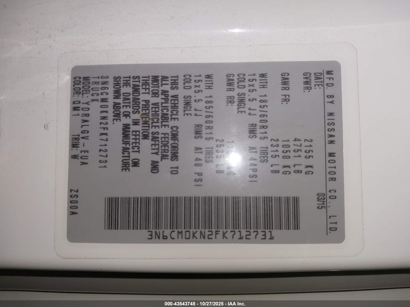 2015 Nissan Nv200 Sv VIN: 3N6CM0KN2FK712731 Lot: 43543748