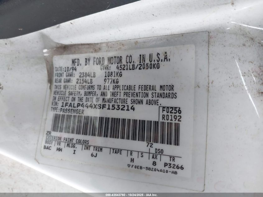 1995 Ford Mustang VIN: 1FALP444XSF153214 Lot: 43543760