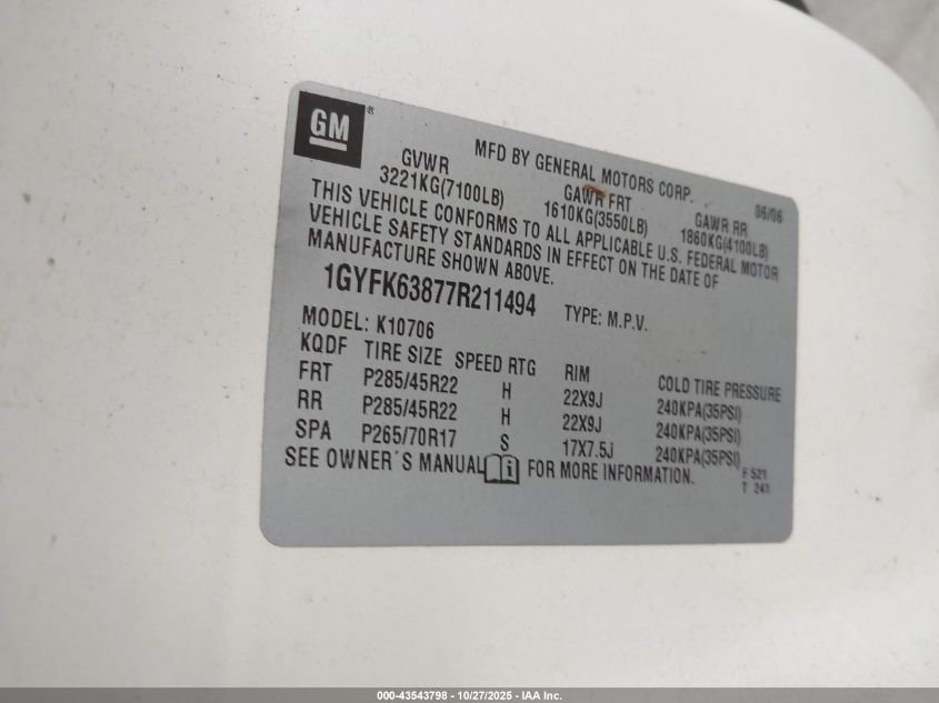 2007 Cadillac Escalade Standard VIN: 1GYFK63877R211494 Lot: 43543798