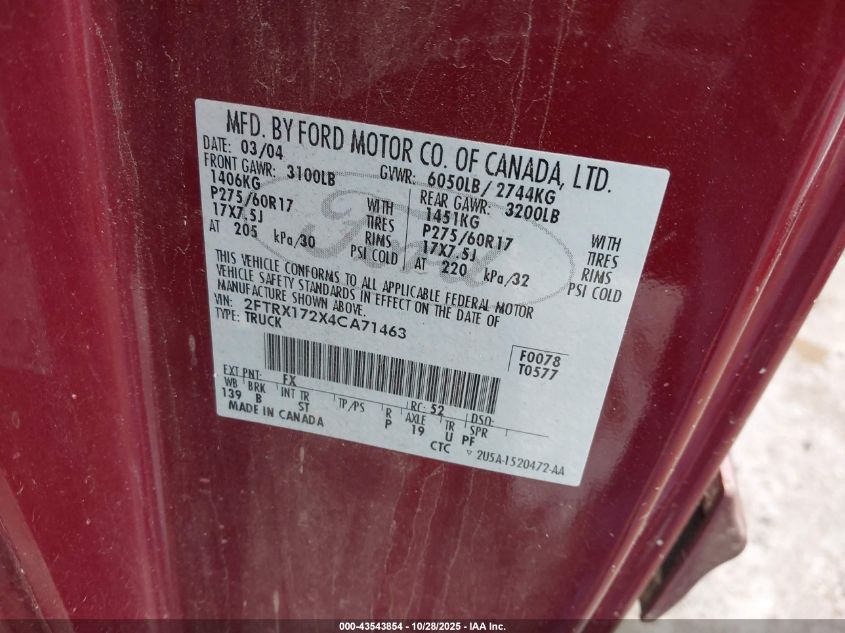 2004 Ford F-150 Heritage Xl/Xlt VIN: 2FTRX172X4CA71463 Lot: 43543854