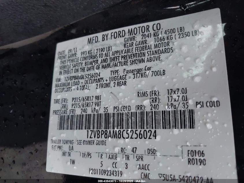 2012 Ford Mustang V6 VIN: 1ZVBP8AM8C5256024 Lot: 43543873