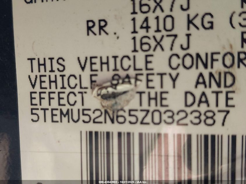 2005 Toyota Tacoma Base V6 VIN: 5TEMU52N65Z032387 Lot: 43543903