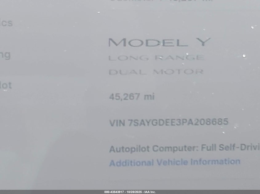 2023 Tesla Model Y Awd/Long Range Dual Motor All-Wheel Drive VIN: 7SAYGDEE3PA208685 Lot: 43543917