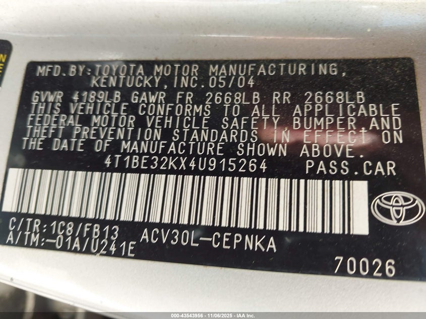 4T1BE32KX4U915264 2004 TOYOTA CAMRY photo no. 9