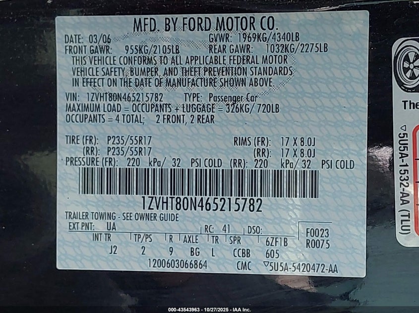 2006 Ford Mustang V6 VIN: 1ZVHT80N465215782 Lot: 43543963