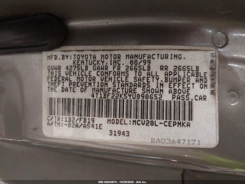 2000 Toyota Camry Le V6 VIN: 4T1BF22K5YU090652 Lot: 43543974