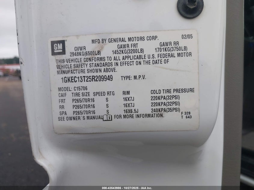 2005 GMC Yukon Slt VIN: 1GKEC13T25R209949 Lot: 43543986