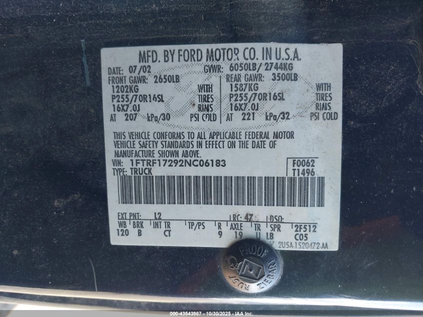 2002 Ford F-150 Xl/Xlt VIN: 1FTRF17292NC06183 Lot: 43543987