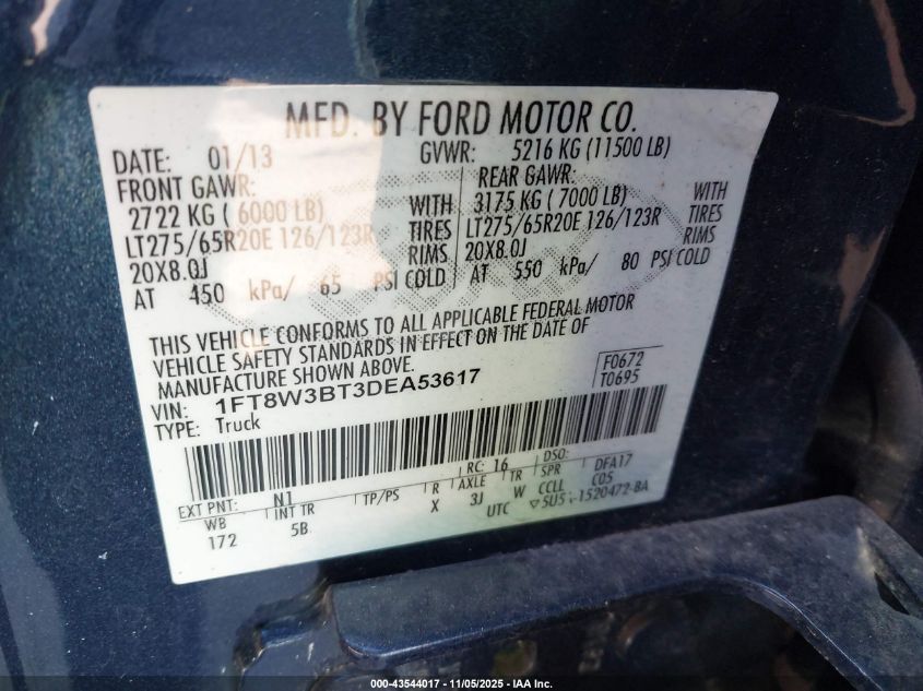 2013 Ford F-350 Lariat VIN: 1FT8W3BT3DEA53617 Lot: 43544017