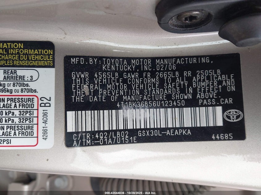 2006 Toyota Avalon Limited VIN: 4T1BK36B56U123450 Lot: 43544036