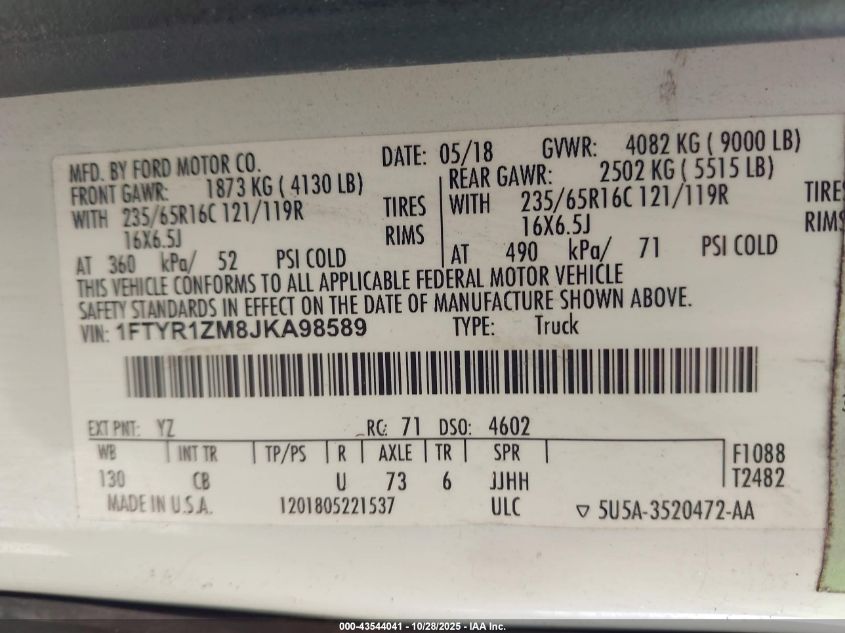 2018 Ford Transit-250 VIN: 1FTYR1ZM8JKA98589 Lot: 43544041