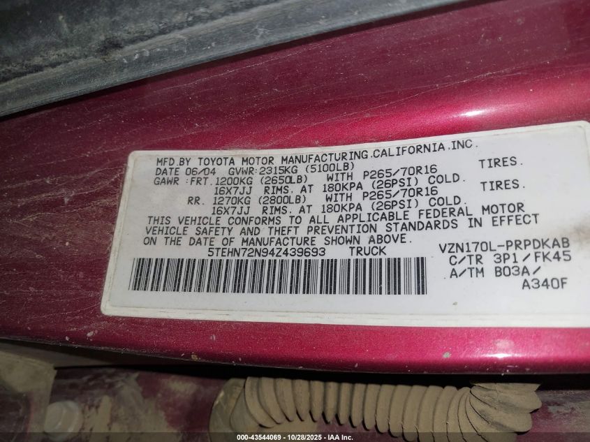 2004 Toyota Tacoma Base V6 VIN: 5TEHN72N94Z439693 Lot: 43544069