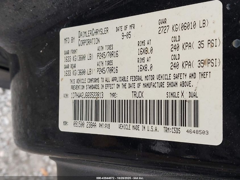 2006 Dodge Dakota Slt VIN: 1D7HW42J66S522813 Lot: 43544072