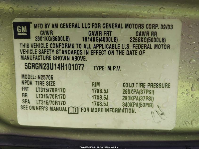 2004 Hummer H2 VIN: 5GRGN23U14H101077 Lot: 43544084