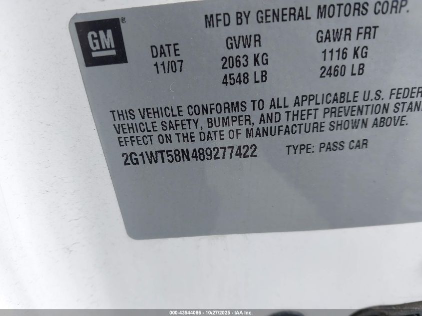 2008 Chevrolet Impala Lt VIN: 2G1WT58N489277422 Lot: 43544086