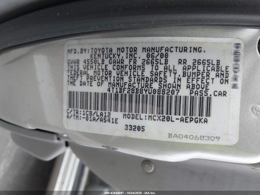 2000 Toyota Avalon Xls VIN: 4T1BF28B8YU088207 Lot: 43544097