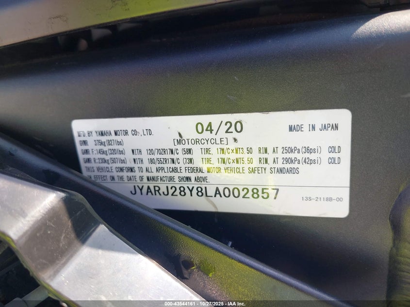 2020 Yamaha Yzfr6 C VIN: JYARJ28Y8LA002857 Lot: 43544161