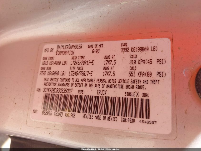 2003 Dodge Ram 2500 Slt/Laramie/St VIN: 3D7KA28D93G835397 Lot: 43544162