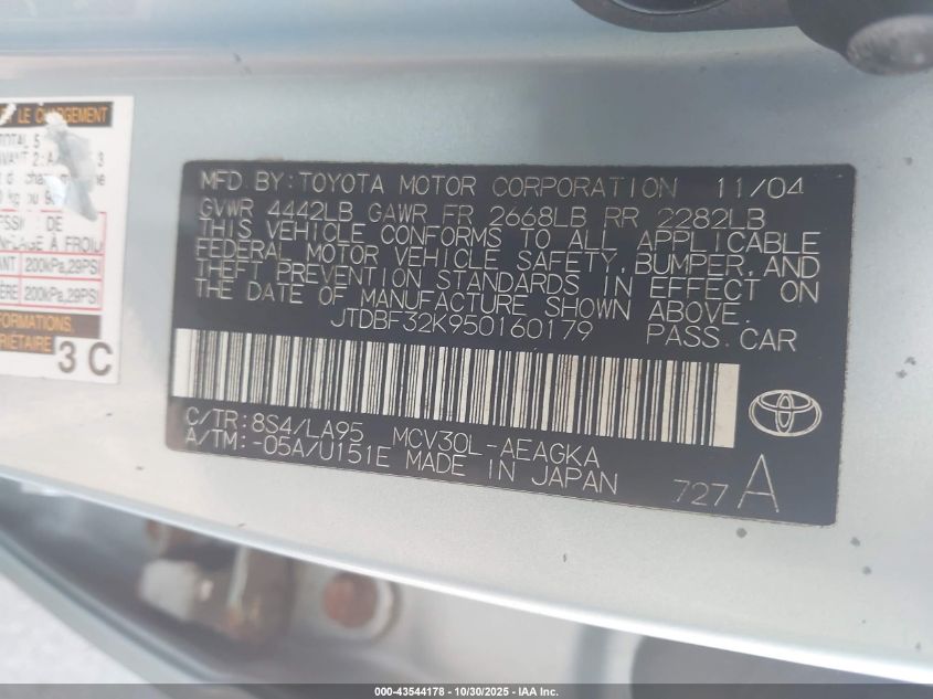 2005 Toyota Camry Le V6/Xle V6 VIN: JTDBF32K950160179 Lot: 43544178