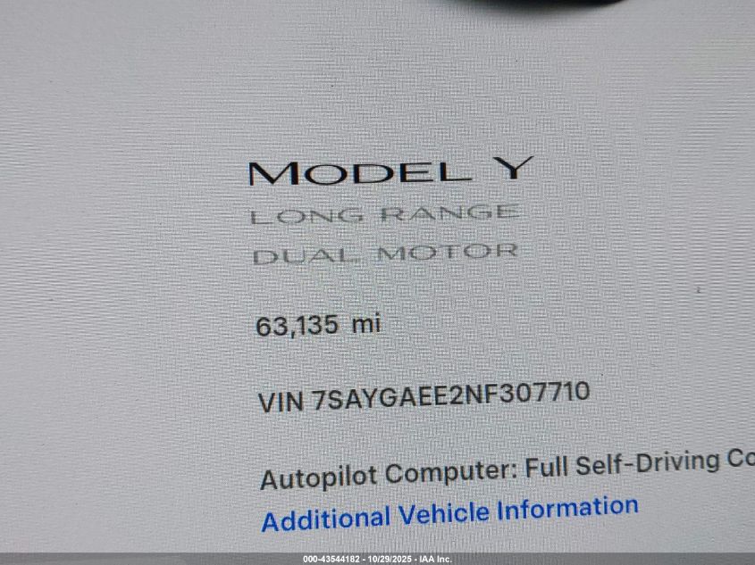 2022 Tesla Model Y Long Range Dual Motor All-Wheel Drive VIN: 7SAYGAEE2NF307710 Lot: 43544182