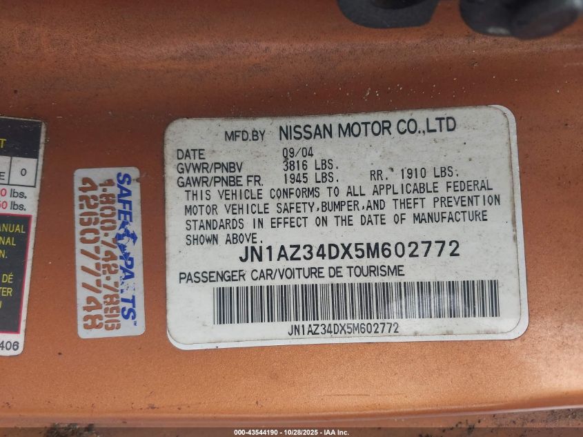 2005 Nissan 350Z Touring VIN: JN1AZ34DX5M602772 Lot: 43544190