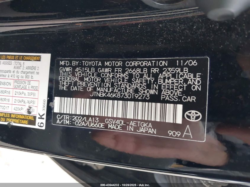 2007 Toyota Camry Xle V6 VIN: JTNBK46K873019273 Lot: 43544232