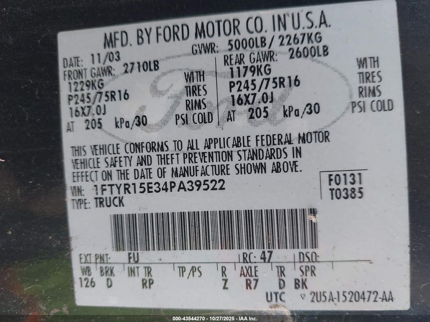 2004 Ford Ranger Xlt VIN: 1FTYR15E34PA39522 Lot: 43544270