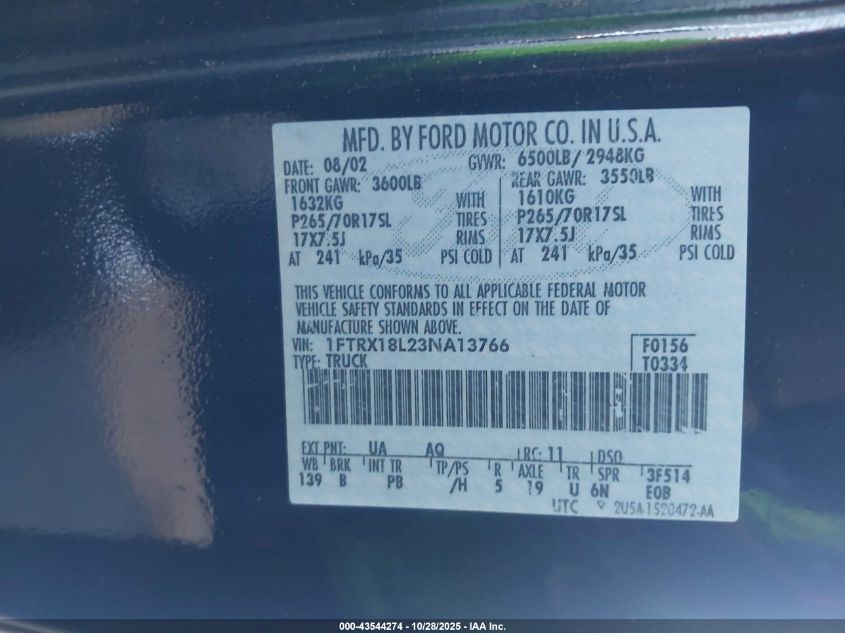 2003 Ford F-150 Lariat/Xl/Xlt VIN: 1FTRX18L23NA13766 Lot: 43544274