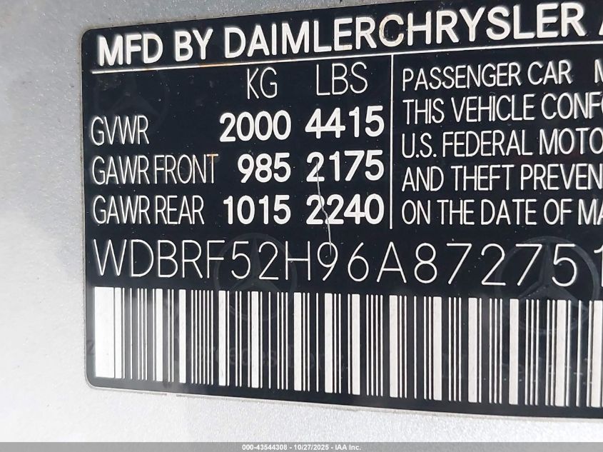 2006 Mercedes-Benz C 230 Sport VIN: WDBRF52H96A872751 Lot: 43544308