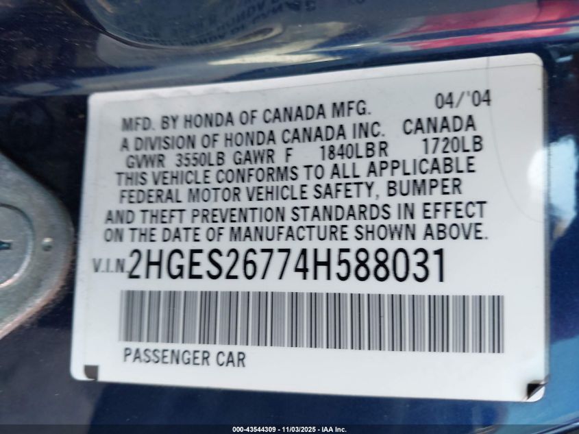 2004 Honda Civic Ex VIN: 2HGES26774H588031 Lot: 43544309