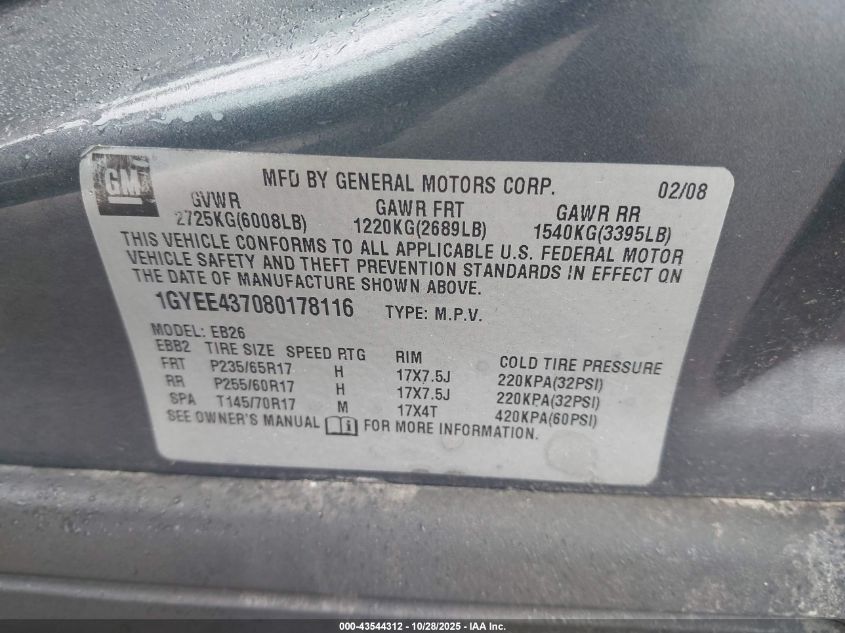 2008 Cadillac Srx V6 VIN: 1GYEE437080178116 Lot: 43544312