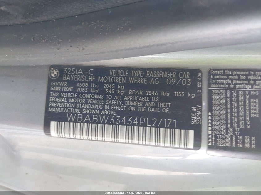 2004 BMW 325Ci VIN: WBABW33434PL27171 Lot: 43544364