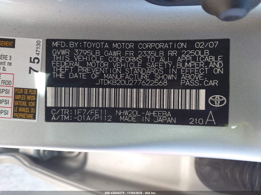 JTDKB20U277622568 2007 TOYOTA PRIUS photo no. 9