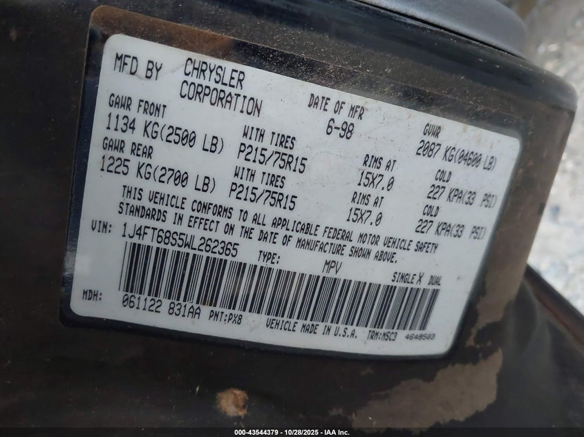 1998 Jeep Cherokee Classic/Sport VIN: 1J4FT68S5WL262365 Lot: 43544379