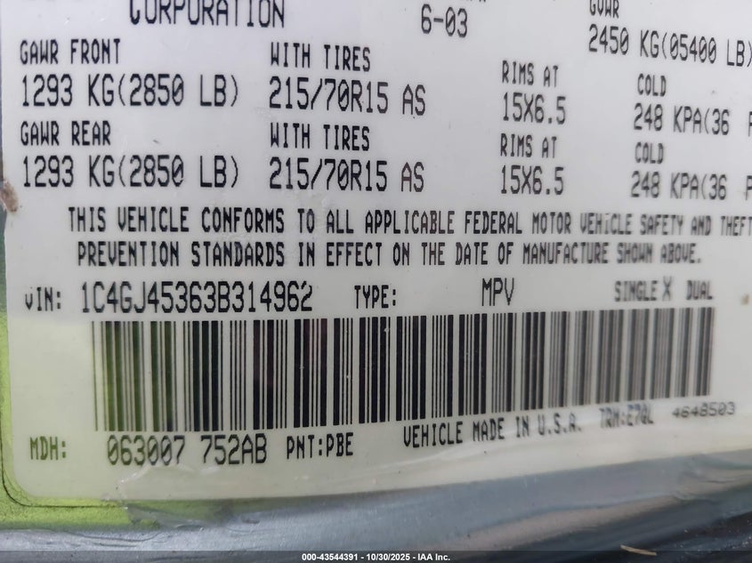 2003 Chrysler Voyager Lx VIN: 1C4GJ45363B314962 Lot: 43544391