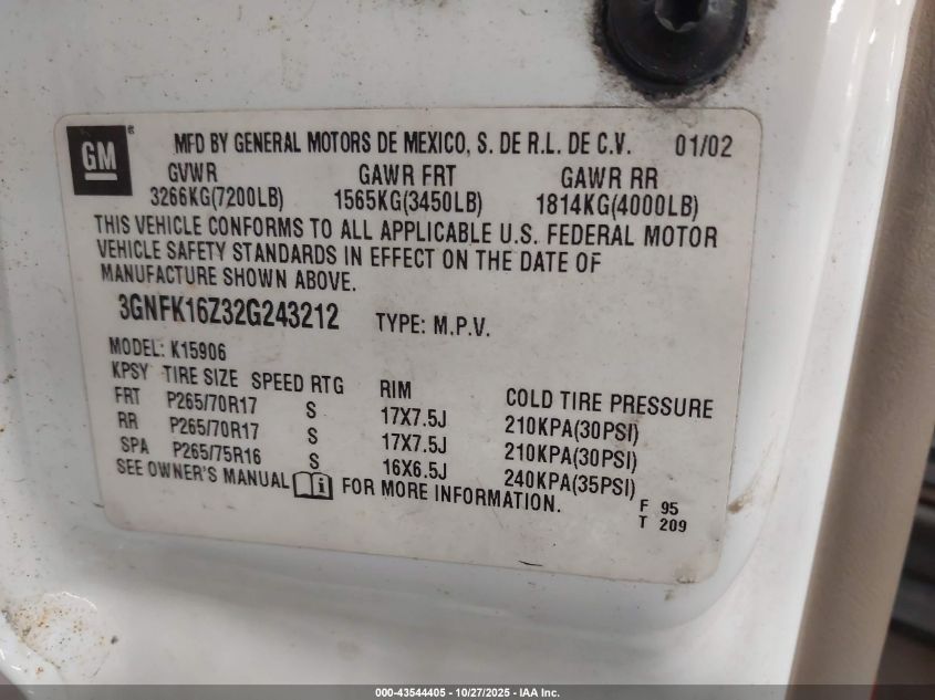 2002 Chevrolet Suburban 1500 Z71 VIN: 3GNFK16Z32G243212 Lot: 43544405