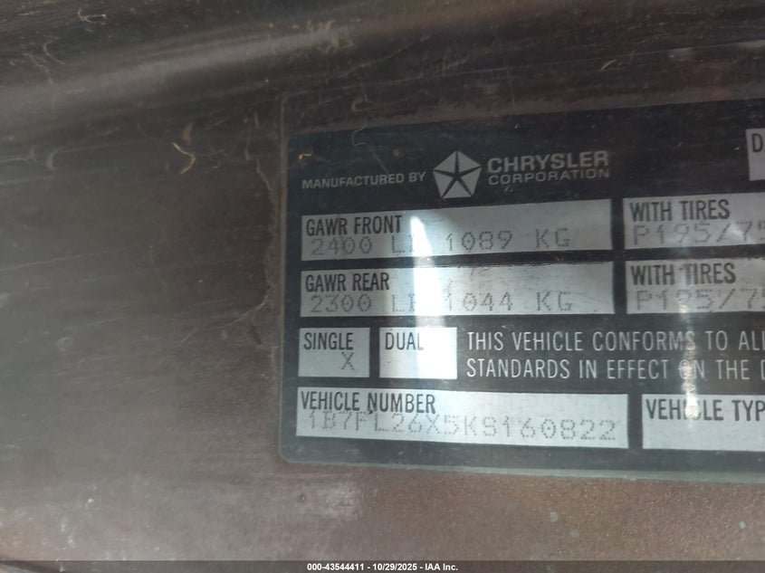 1989 Dodge Dakota VIN: 1B7FL26X5KS160822 Lot: 43544411